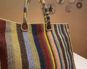 knitted paper yarn bag Paper rope summer casual shoulder handbag handmade knitted lined bag crochet bag tan color bag casual