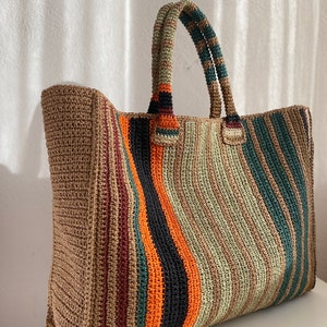 Borsa a tracolla estiva, Borsa colorata a maglia Borsa all'uncinetto Borsa grande a maglia Borsa estiva in paglia Borsa in rafia, colori autunnali. immagine 7