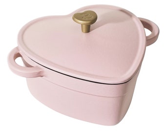 2QT Cast Iron Heart Dutch Oven,  Enamel Cast Iron Dutch Oven with Dual Handles and Lid for Cooking, Baking, Best Gift, Pink Champagne
