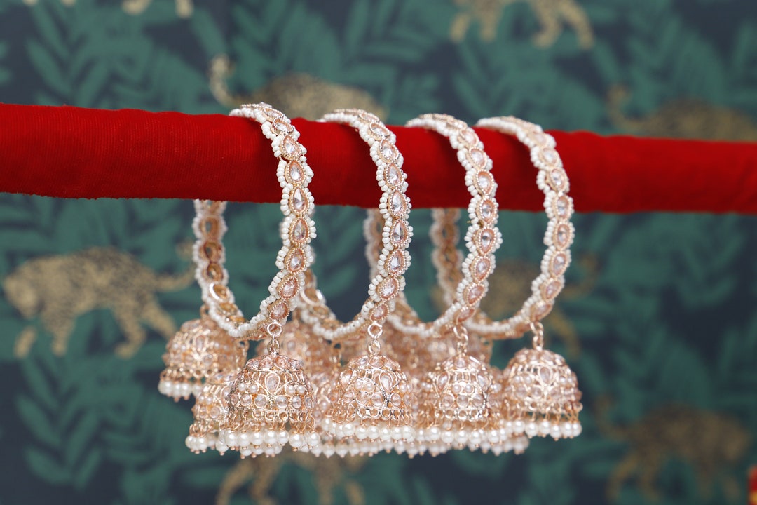 Rose Gold Bangles,pair of Triple Jhumki Bangle,american Diamonds Rose