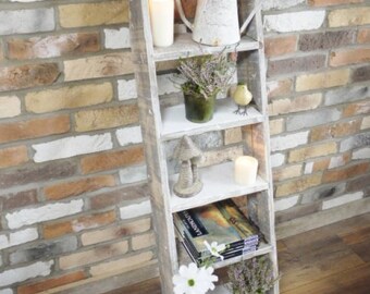 Rustic Decorative Wooden Ladder Shelving Bookcase - White