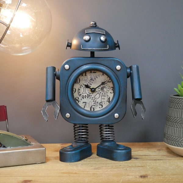 Industrial Steampunk Blue Robot Table Clock - Retro, Sci-fi, Metal gift
