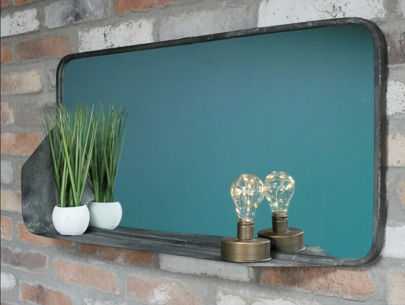 Large Industrial Wall Mirror With Shelf 80cm x 40cm image 1