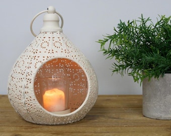 Vintage Style Cream Candle Holder - Rustic, Shabby Chic, Hanging Metal Hurricane Candle Holder