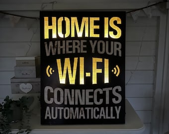 Illuminated "Home is Where Your Wi-Fi Connects Automatically" Wooden Box Sign light up wifi sign