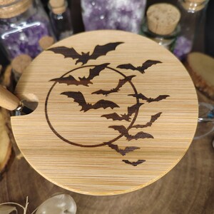 Large glass cup bat 420ml with wooden lid and spoon with laser motif on the lid image 5