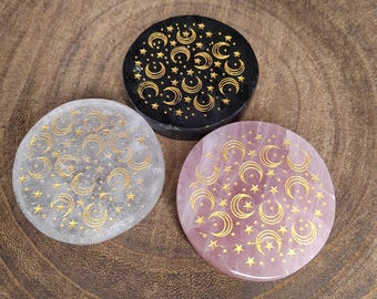 Semi-precious stone slab, tourmaline, rock crystal, rose quartz, moon and stars