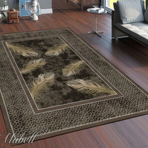 Feather Rug, Mosaic Border Feather Themed Nonslip Area Rug, Mosaic Border Rug for Living Room, Chic Floor Mat, Brown Modern Runner Rug image 1