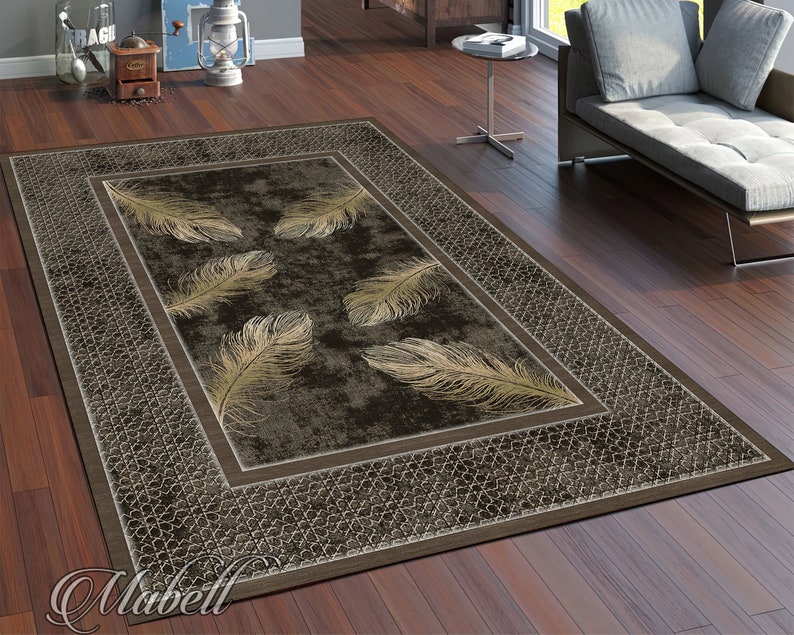 Feather Rug, Mosaic Border Feather Themed Nonslip Area Rug, Mosaic Border Rug for Living Room, Chic Floor Mat, Brown Modern Runner Rug image 1