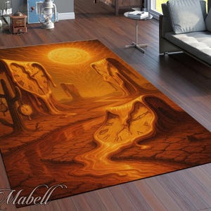 May include: A rectangular area rug featuring a surrealist desert landscape with melting clocks, a cactus, and a bright sun. The rug's color palette includes shades of orange, brown, and yellow, creating a warm and dreamlike atmosphere. The rug has the word "Mabell" in the bottom left corner.