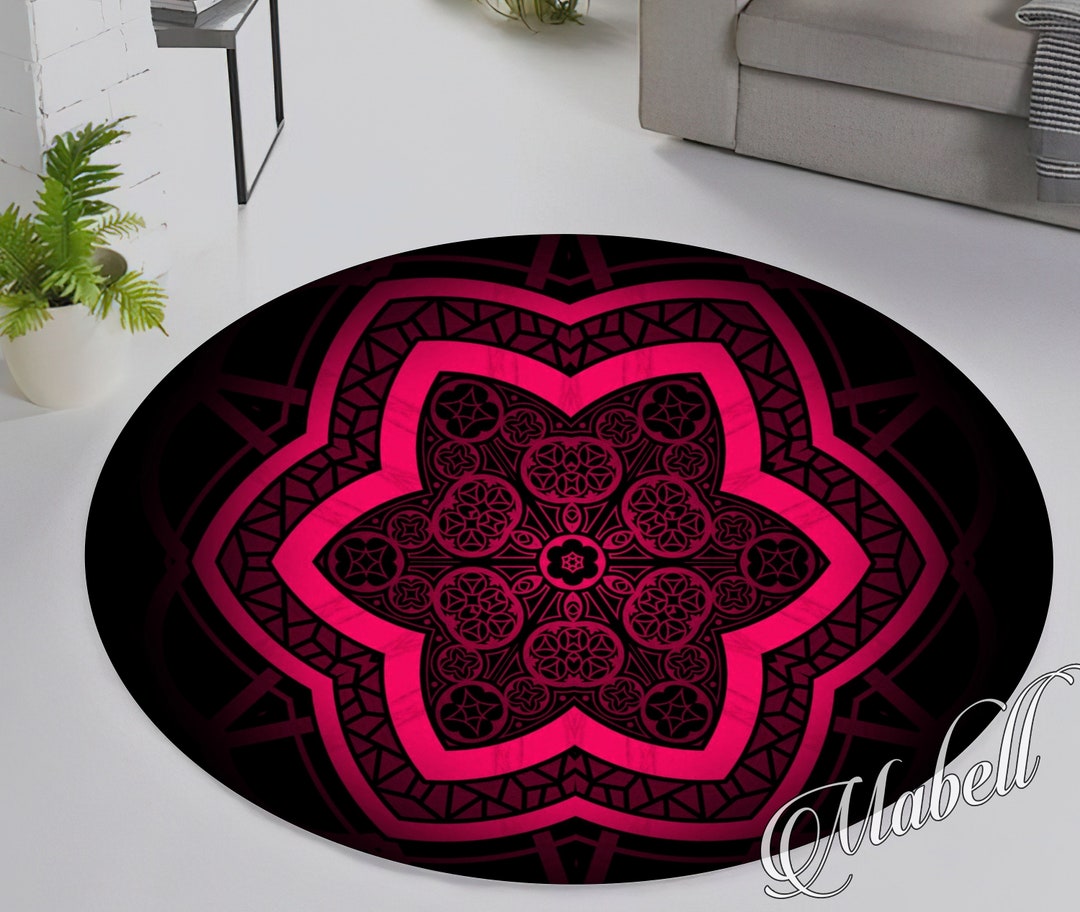Mandala Round Rug, Fractal Nonslip Area Rug, Red Pink Sacral Themed Rug ...