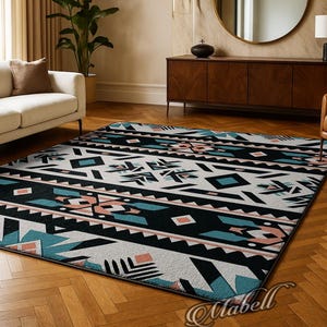 Aztec Tribal Stripe Nonslip Area Rug Geometric Native Pattern Carpet Washable Southwestern Decor Boho Ethnic Floor Mat