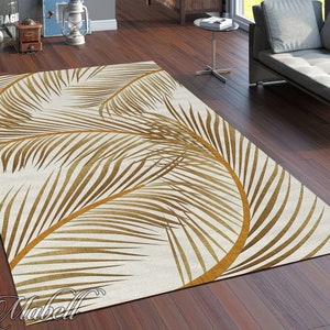 Palm Rug Tropical Rug, Palm and Leaves Themed Nonslip Area Rug, Gold Leaves ...