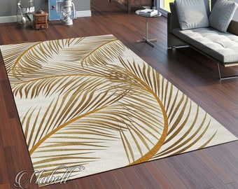 Tropical Rug, Palm and Leaves Themed Nonslip Area Rug, Gold Leaves Design Exotic Rug, Gold Rug for Living Room, Stylish Floor Mat