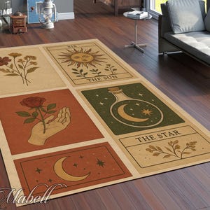 Mystical Tarot Art Print Rug | Washable Non-Slip Bohemian Sun Moon Star Botanical Floor Mat | Witchy Home Decor | Digital Print Carpet