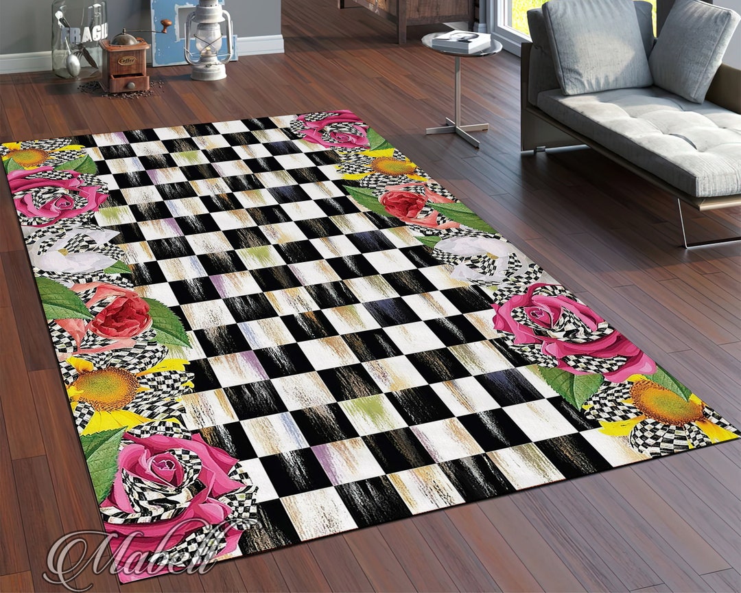 Checked Rug, Checked Pattern on Flowers Themed Nonslip Area Rug, Aging ...