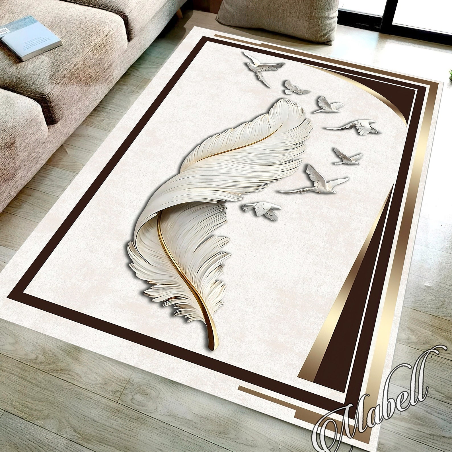 Feathered Rug Feather Rug, White Feather Godl Border Themed Nonslip Area Rug, Plant ...