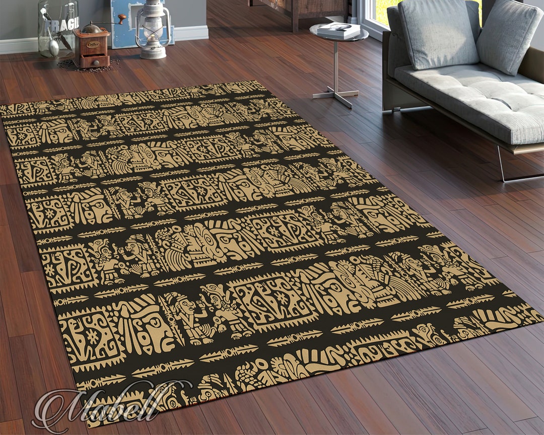 Maya Rug, Ancient Maya Civilization Themed Nonslip Area Rug, Black and ...