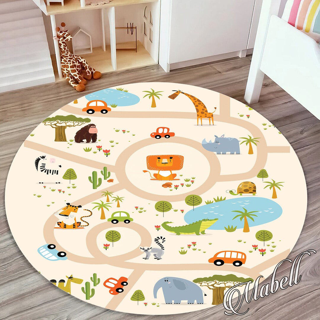 Safari Nursery Round Rug, Safari Animals Themed Nonslip Area Rug ...