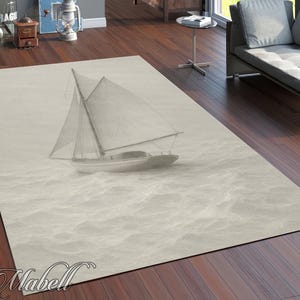 Sailboat Print Rug | Washable Non-Slip Floor Mat | Sepia Nautical Art | Coastal Beach Home Decor | Classic Maritime Design