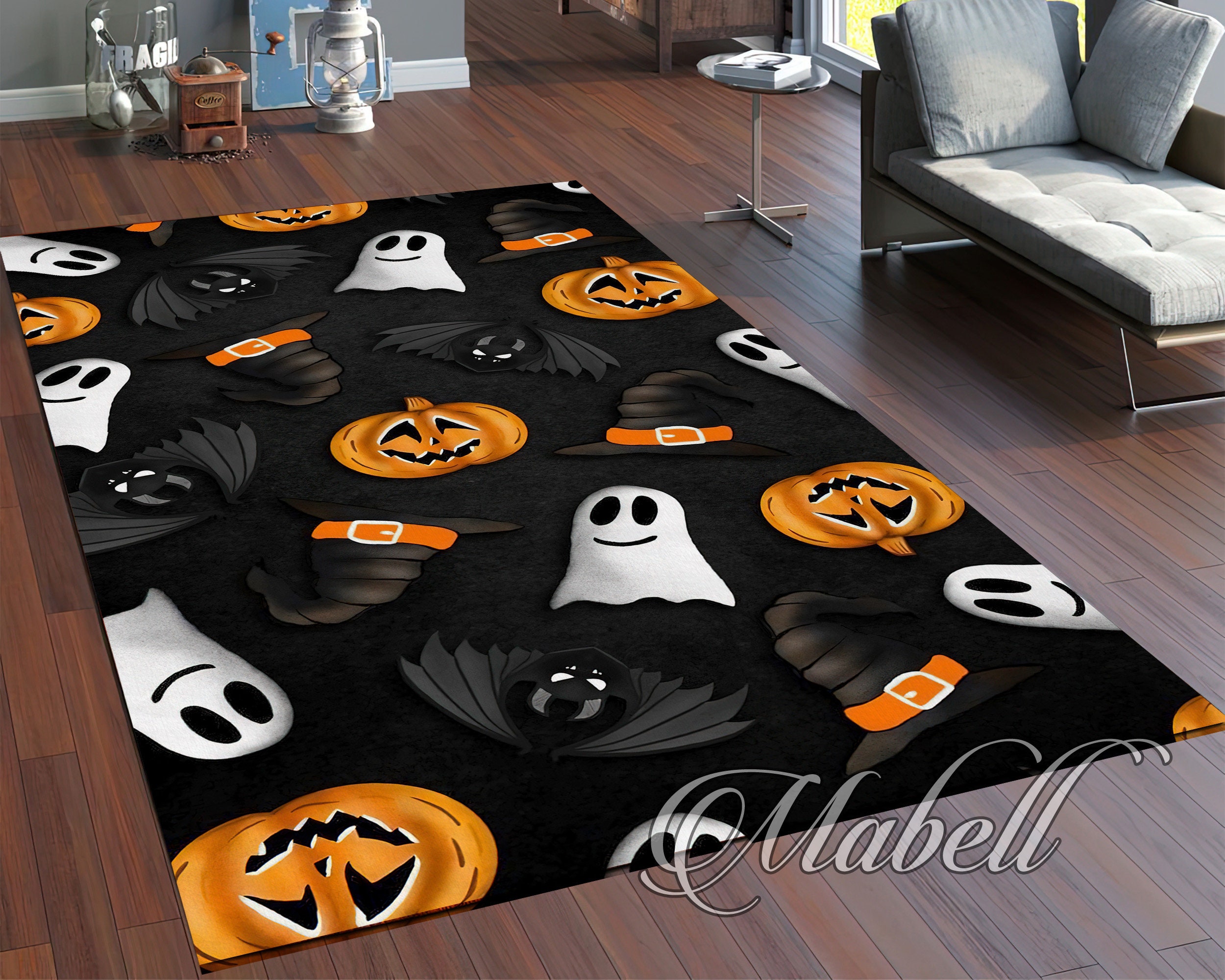 Halloween Rug, Halloween Honey Pumpkin Ghost Bat Themed Nonslip Area ...