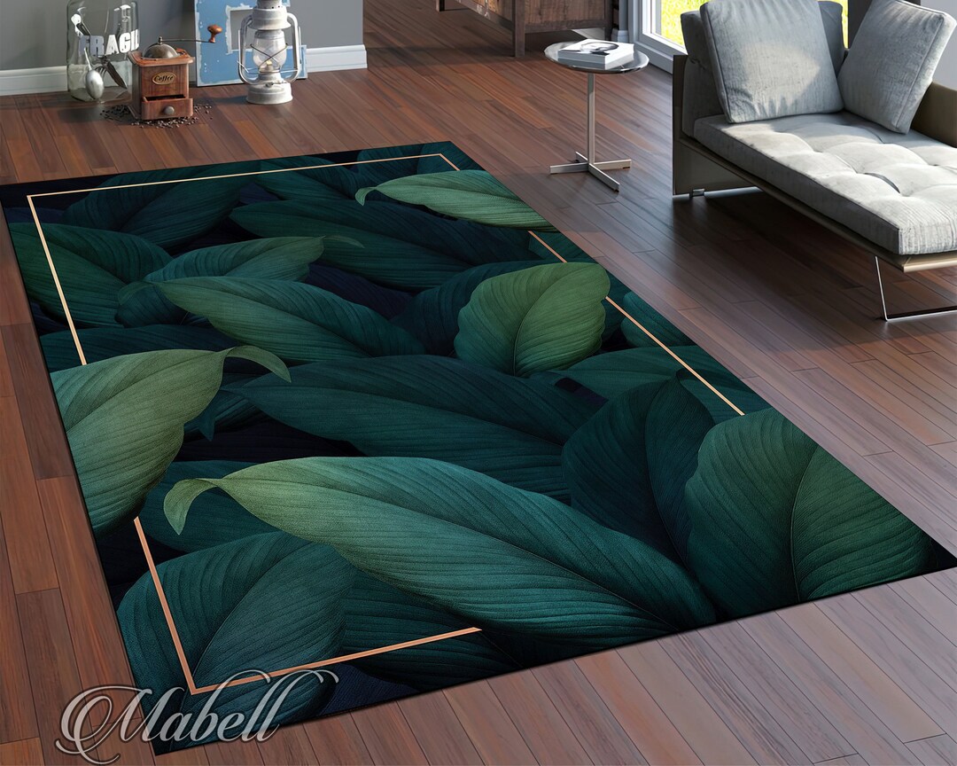 Green Leaf Rug, Dark Green Leaves in Gold Frame Themed Nonslip Area Rug