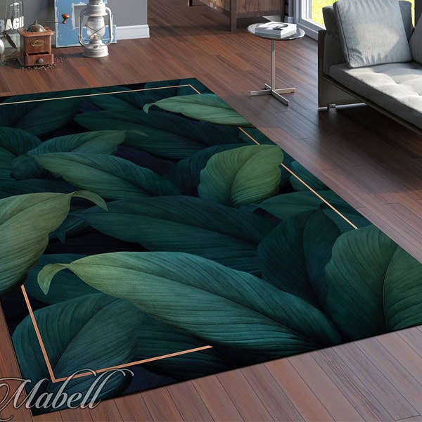 Green Leaf Rug, Dark Green Leaves in Gold Frame Themed Nonslip Area Rug, Green Rug for Living Room, Modern Rug, Plants Rug, Chic Floor Mat