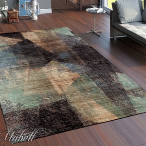 Abstract Rug, Geometric Aging Style Pattern Nonslip Area Rug, Colorful Rug for Living Room, Chic Floor Mat, Modern Runner Rug