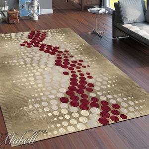 Polka Dot Beige Rug, Colorful Polka Dots Pattern Nonslip Area Rug, Red and White Rug for Living Room, Chic Floor Mat, Modern Runner Rug