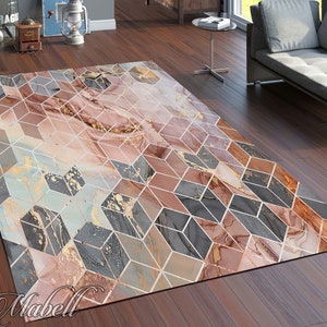 Cube Rug, Isometrıc Cubes Patterned Nonslip Area Rug, Geometric Rug for Living Room, Chic Round Floor Mat, Modern Runner Rug, Colorful Rug