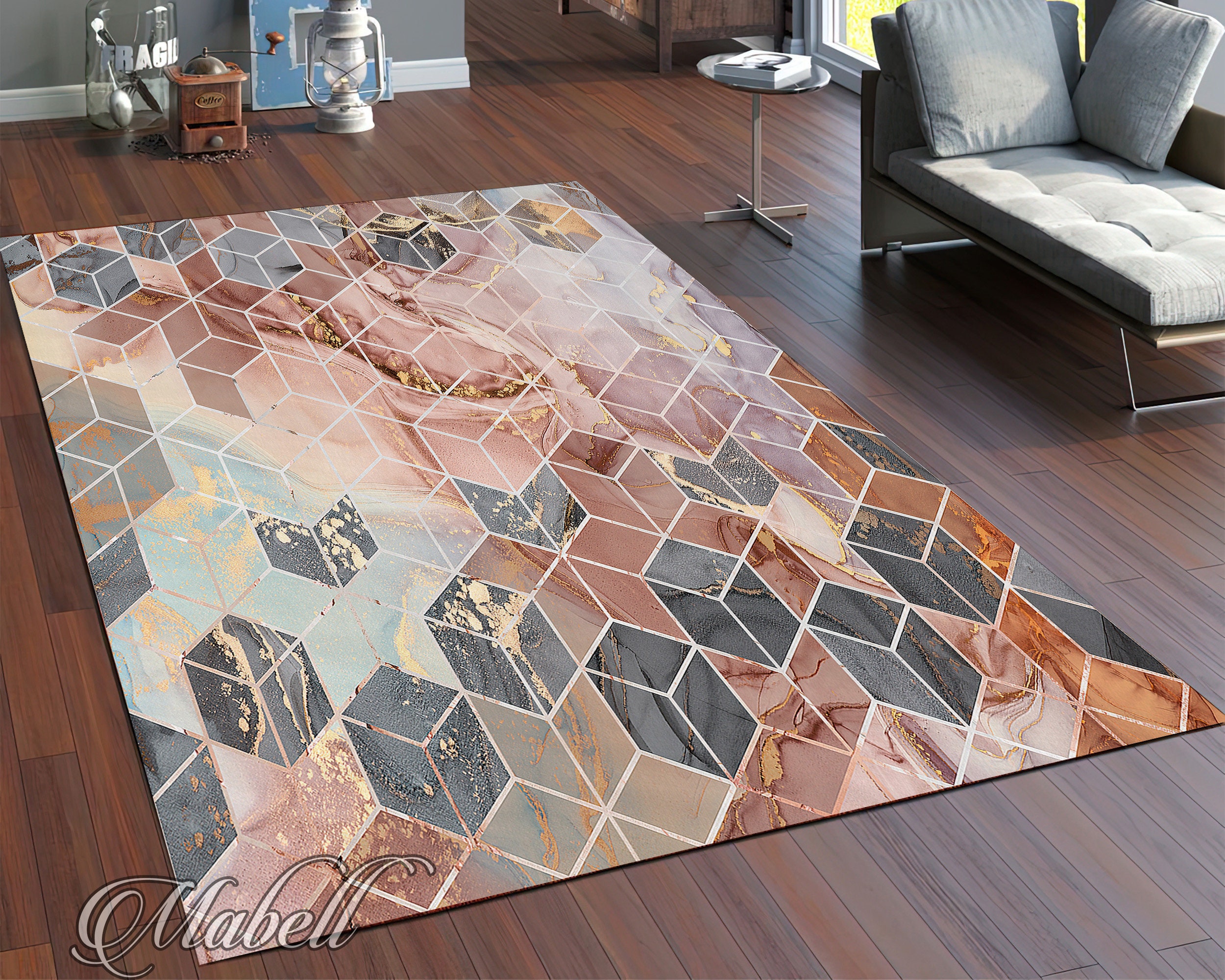 Cube Rug, Isometrıc Cubes Patterned Nonslip Area Rug, Geometric Rug for Living Room, Chic Round Floor Mat, Modern Runner Rug, Colorful Rug