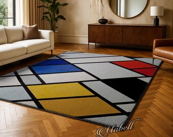 Mondrian Style Geometric Nonslip Area Rug Abstract Color Block Pattern Carpet Living Room Decor Modern Art Washable Contemporary Home Design