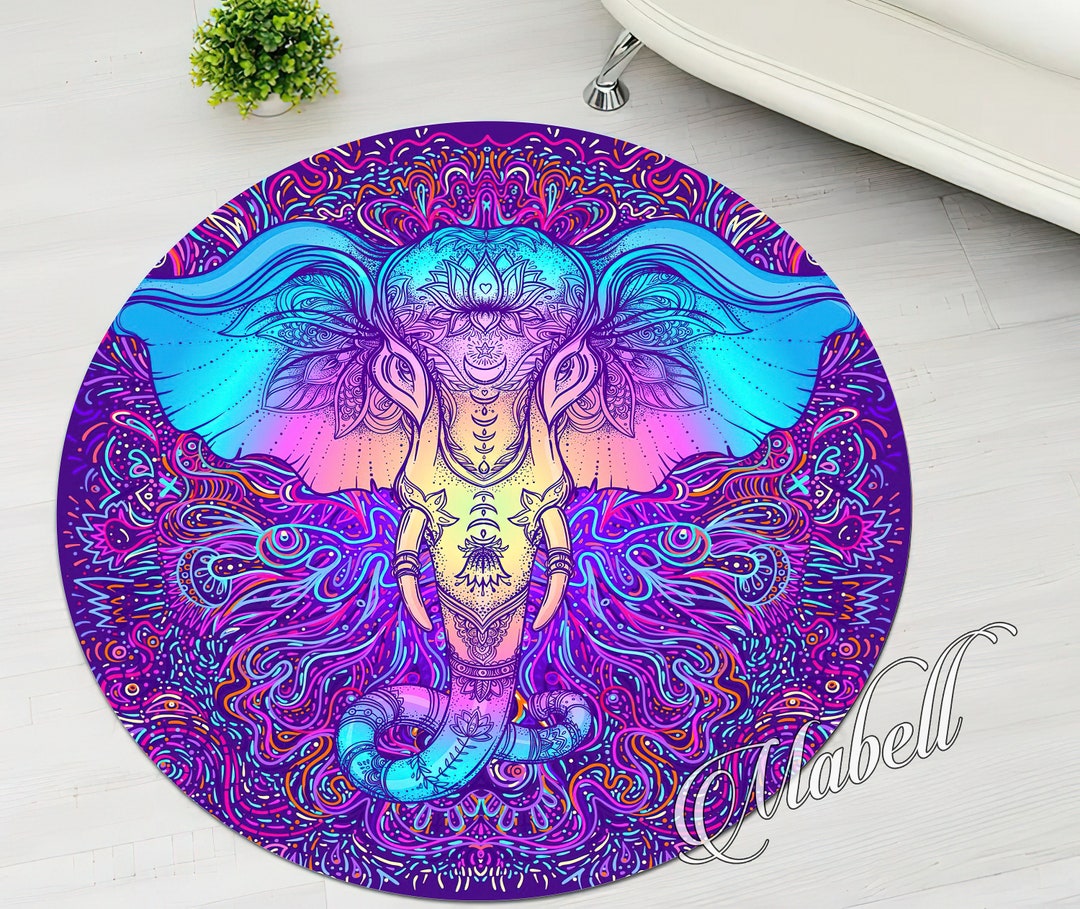 Elephant Round Rug, Tribal Style Elephant Themed Nonslip Area Rug ...