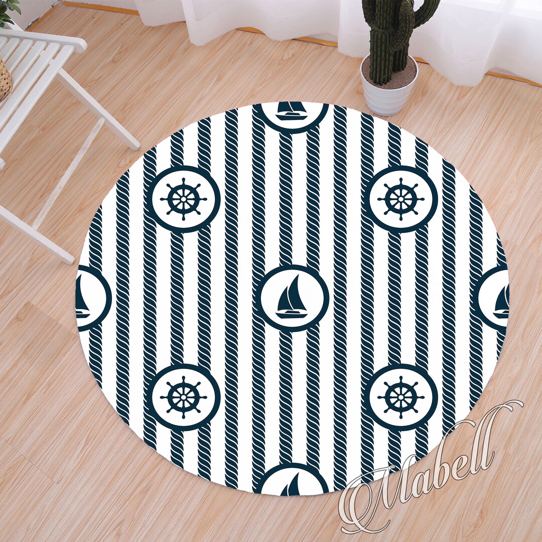 Sailor Round Rug, Nautical Sea Wheels Boat Themed Round Nonslip Area ...