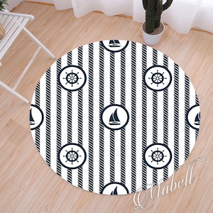 Sailor Round Rug, Nautical Sea Wheels Boat Themed Round Nonslip Area Rug, Blue White Rug, Anchor Print Rug, Coastal Floor Mat, Minimal Rug