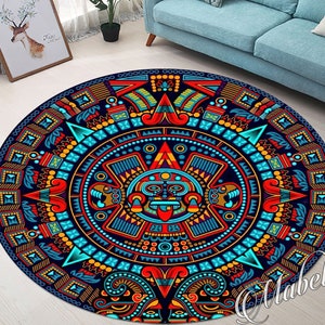 Buddha Rug, Mayan Calender Themed Nonslip Area Rug, Aztec Rug, Living Room Rug, Round Rug, Circle Rug, Cool Rug, Christmas Gift