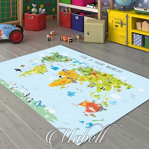 Wereldkaart Kids Education Rug, Wereldkaart Dieren Thema Nonslip Area Rug, Kids Education Rug, Kids Room Rug, Cadeau voor kinderen, Kerstcadeau
