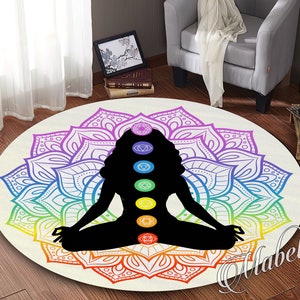 Yoga Round Meditation Rug, 7 Chakra Meditation Themed Nonslip Area Rug, Cool Rug, Mental Round Area Design Rug, Minimalist Rug, Outdoor Rug