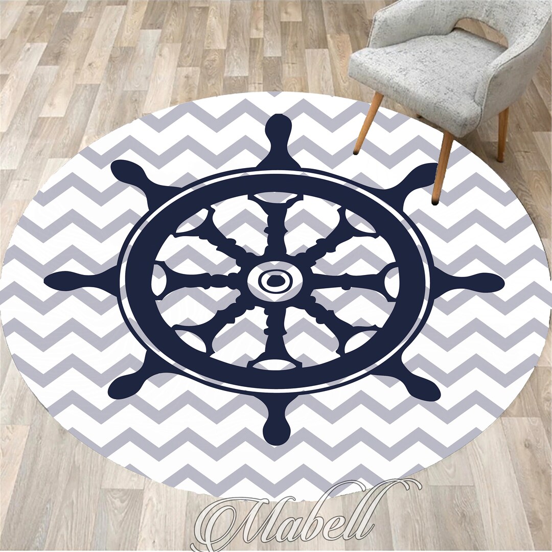 Marine Round Rug, Ship Wheel Themed Nonslip Area Rug, Blue White Circle ...