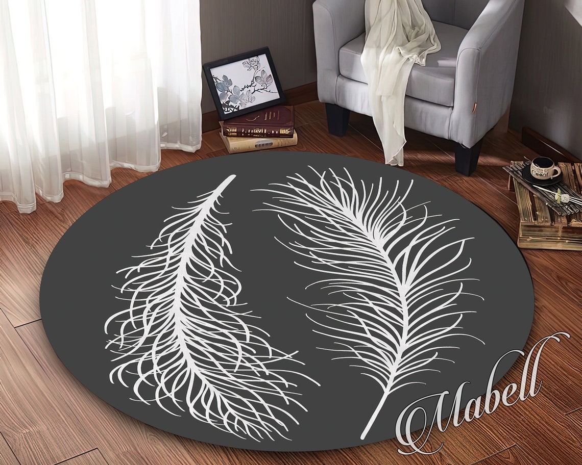 Feather Rug, Gray Feather Themed Round Nonslip Area Rug, Onedraw Circle ...