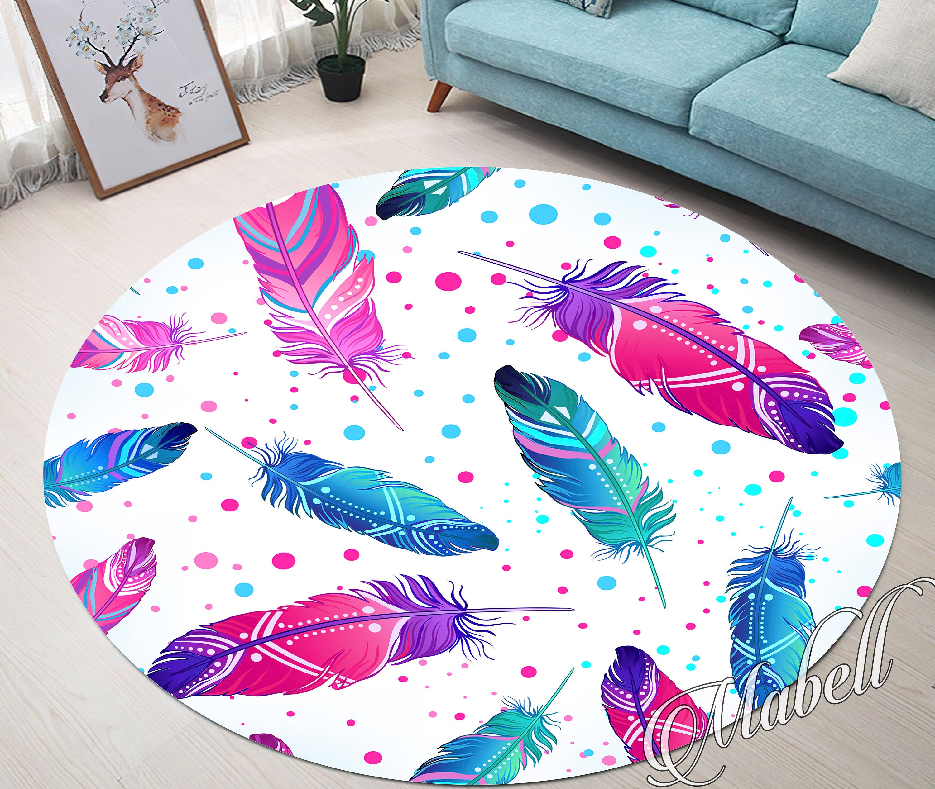Feather Rug, Painted Bird Feathers Themed Nonslip Area Rug, Neon Color ...
