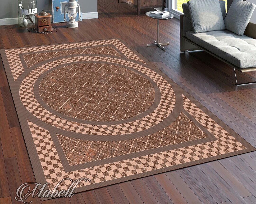 Chocolate Check Rug Checkered Rug, Brown Check Border Pattern Nonslip Area Rug, Circle ...