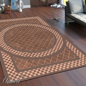 Checkered Rug, Brown Check Border Pattern Nonslip Area Rug, Circle Check Rug, Brown Rug for Living Room, Chic Floor Mat, Modern Runner Rug