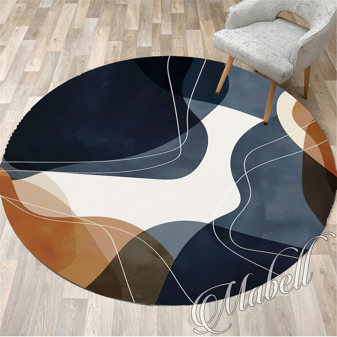 Abstract Round Rug, Blue Caramel Color Themed Nonslip Area Rug, Onedraw ...