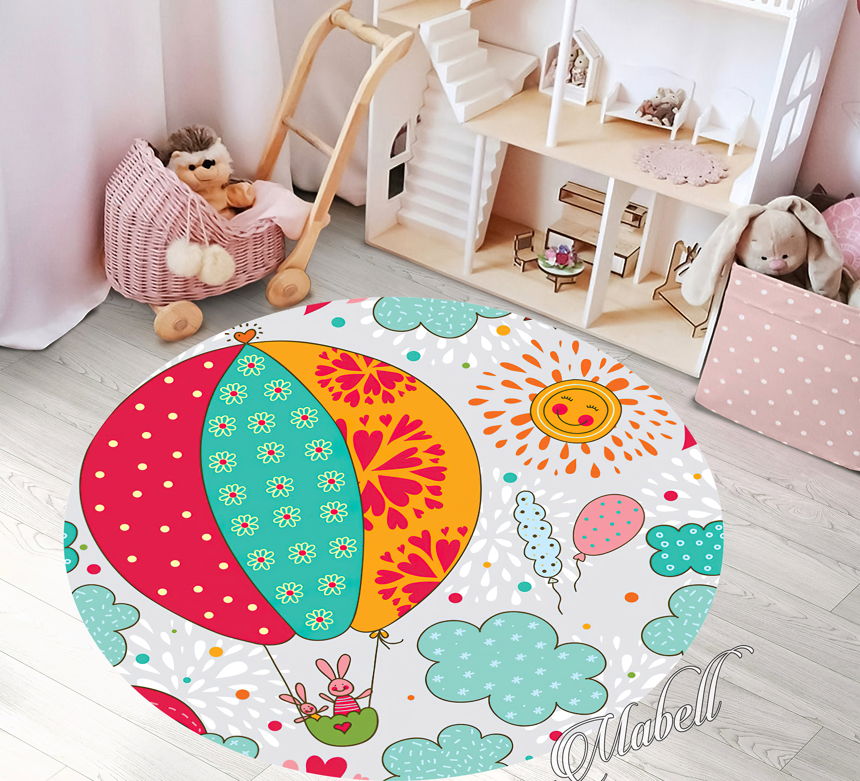 Balloon Nursery Round Rug, Air Balloon Sun Clouds Themed Nonslip Area ...