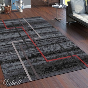 Lines Rug, Black Gray Red White Lines on Gray Pattern Nonslip Area Rug, Colorful Rug for Living Room, Chic Floor Mat, Modern Runner Rug