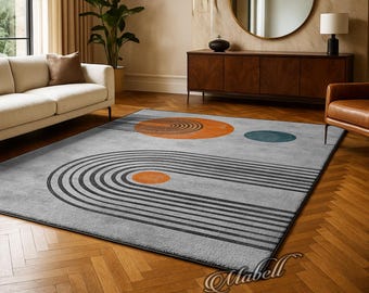 Modern Abstract Geometric Orange Grey Nonslip Area Rug Contemporary Living Room Carpet Retro Mid century Style Floor Home Decor Rugs