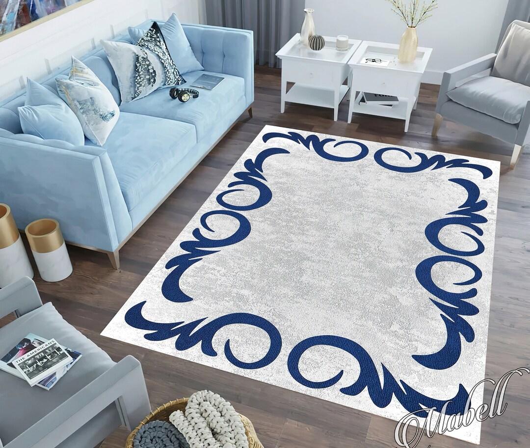 Border Rug, Blue Border on Gray Motif Pattern Nonslip Area Rug, Gray