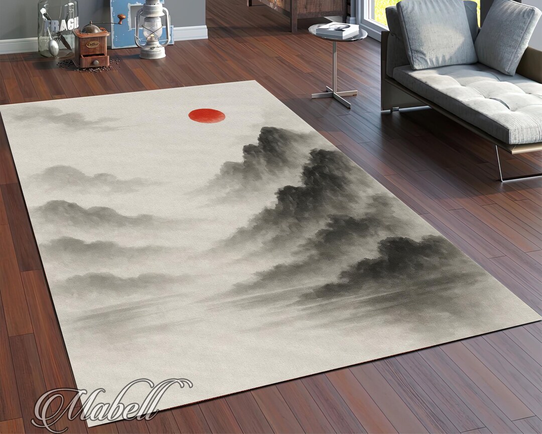 Simplistic Rugs Japanese Japanese Mountain Landscape Print Rug | Washable Non-slip Floor Mat ...