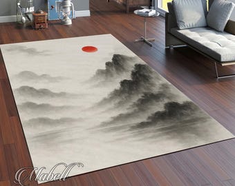 Japanese Mountain Landscape Print Rug | Washable Non-Slip Floor Mat | Red Sun Asian Art | Zen Minimalist Home Decor | Oriental Ink Painting